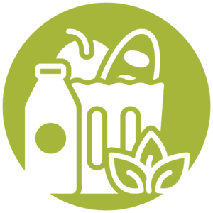 icon of healthy groceries including, breads, greens, milk, fruit
