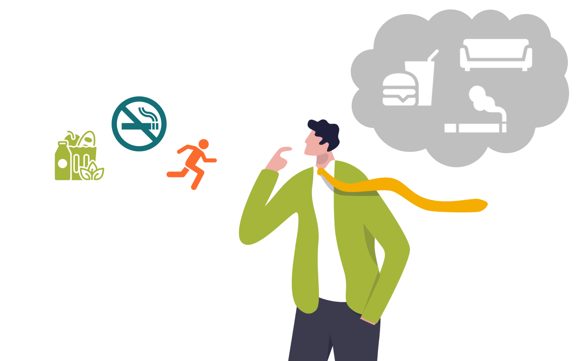 person deciding homepage person making a decision with two thought bubbles, one with healthy choices and one with unhealthy