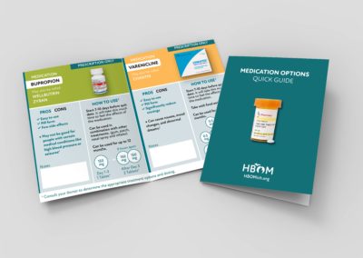 folding handout for Medication Options Quit Guide with colorful half pages on NRT prescription drug descriptions HBOm logo