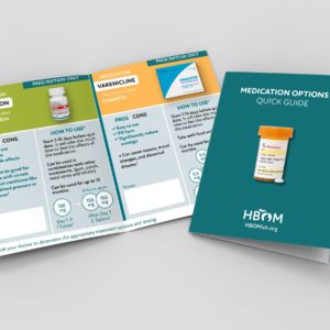 folding handout for Medication Options Quit Guide with colorful half pages on NRT prescription drug descriptions HBOm logo