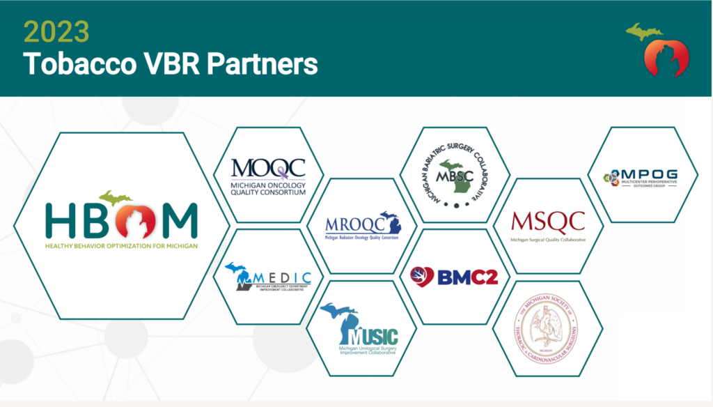 2022 Tobacco VBR Partners: Logos of 9 partnering CQIs including MOQC, MEDIC, MUSIC, MROQC, MBSC, MSQC, MSTCS, MPOG and HBOM