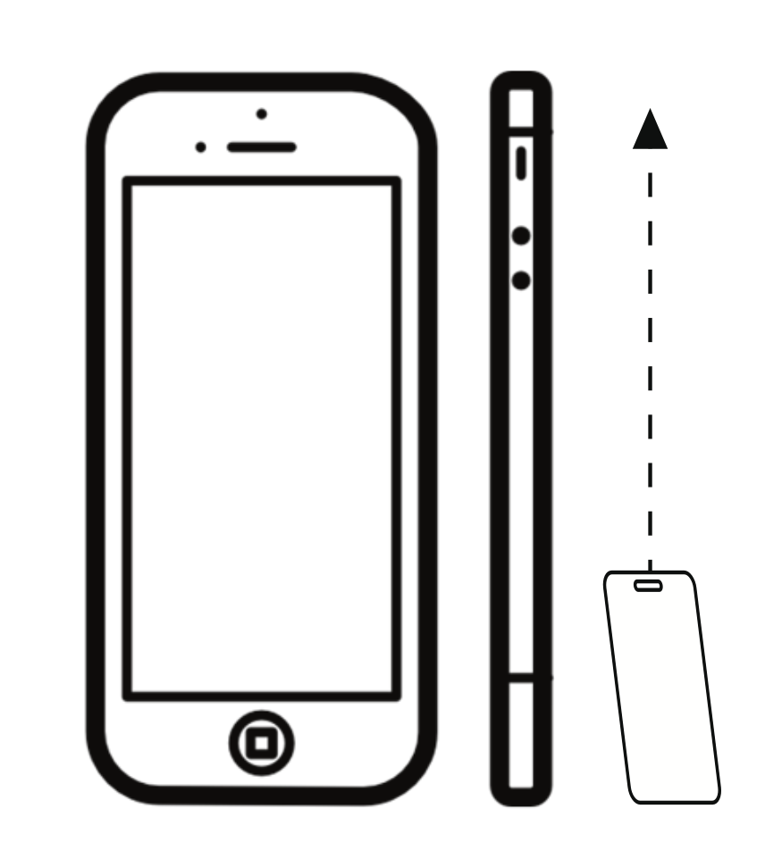 drawing of smart phone with badge next to the front of a smartphone with an arrow directing from bottom to top