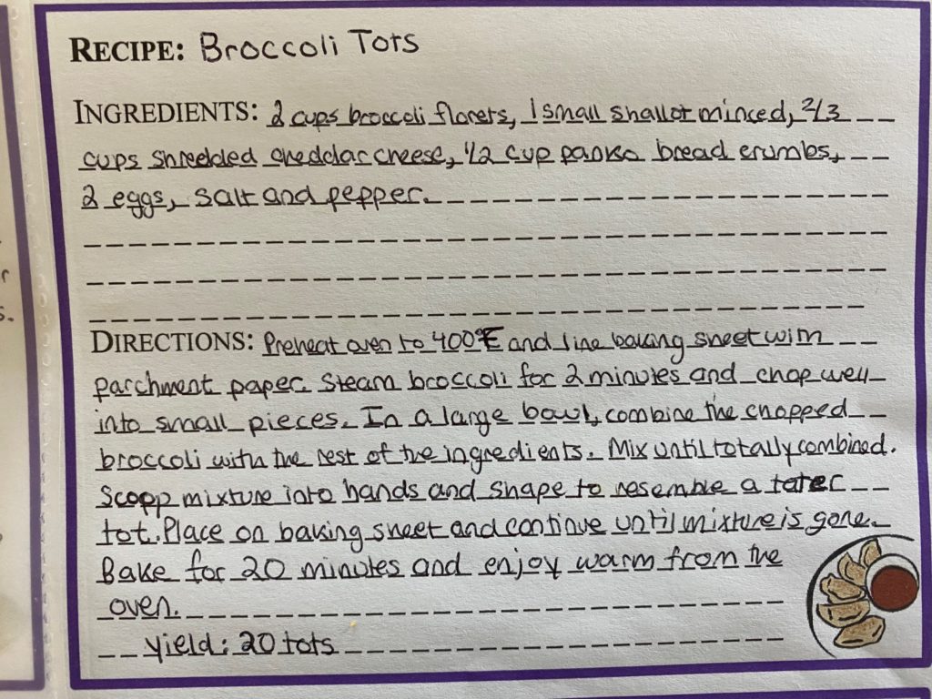 a handwritten recipe card for broccoli tots