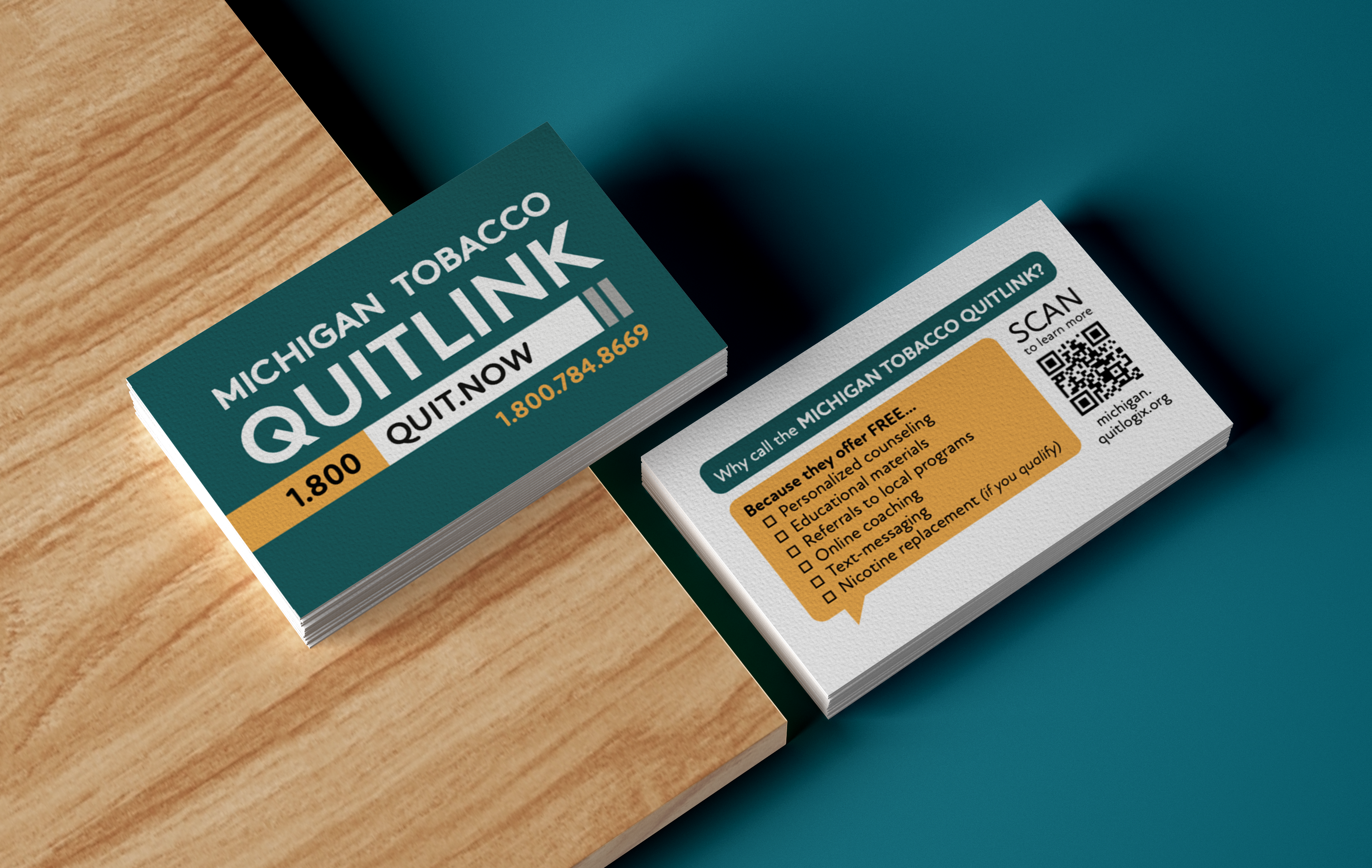 michigan tobacco quitlink card in a stack on a table